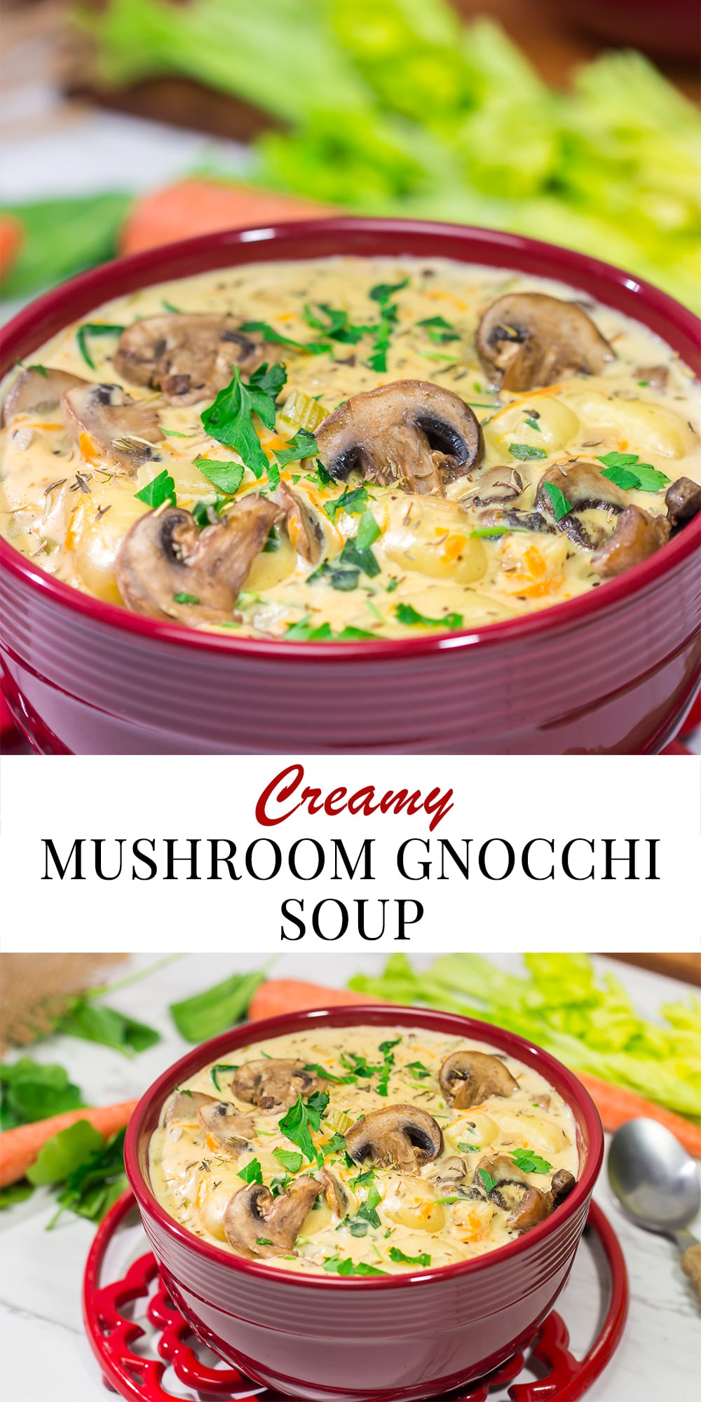 Filled with sautéed mushrooms and potato gnocchi, this Creamy Mushroom Gnocchi Soup is a great way to warm up on a cold winter night!