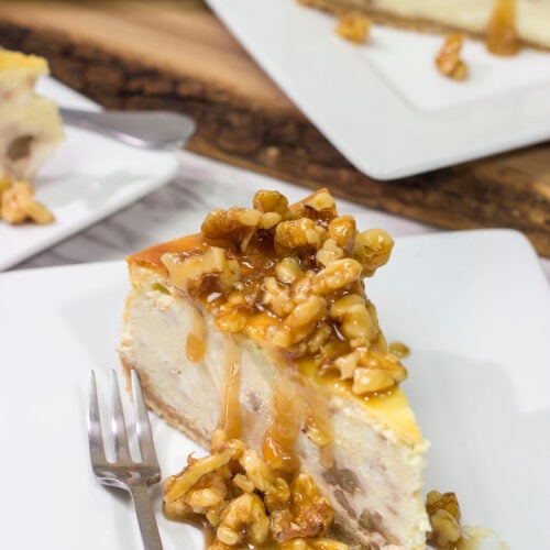 Featuring a warm honey walnut topping on top of a classic cheesecake, a slice of this Honey Walnut Cheesecake is a great way to end the day!