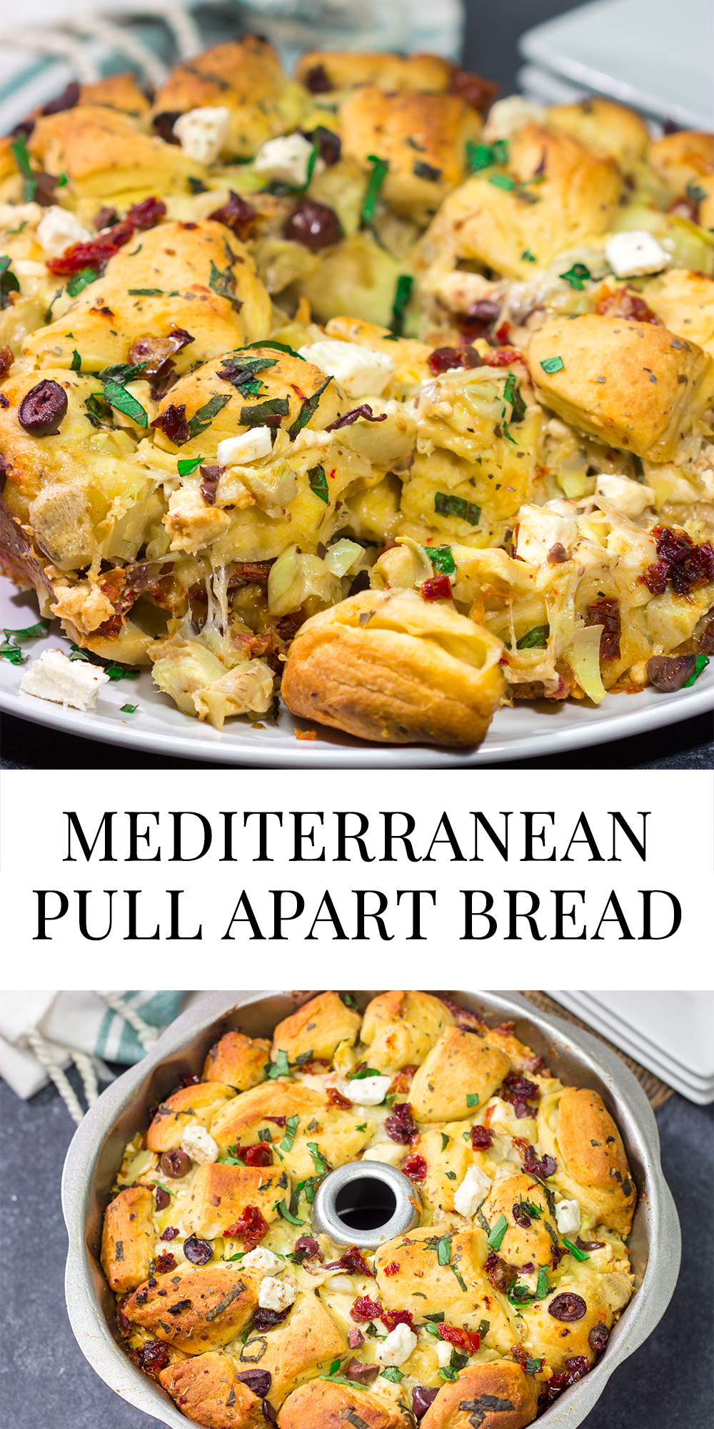 Put a fun spin on monkey bread with this Mediterranean Pull Apart Bread! Think melty cheese, bread, olives, artichokes and sun-dried tomatoes - yum!