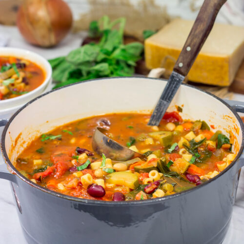 Minestrone Soup is an example of rustic Italian comfort food at its best! Serve this vegetable soup with Italian bread for an easy winter meal!