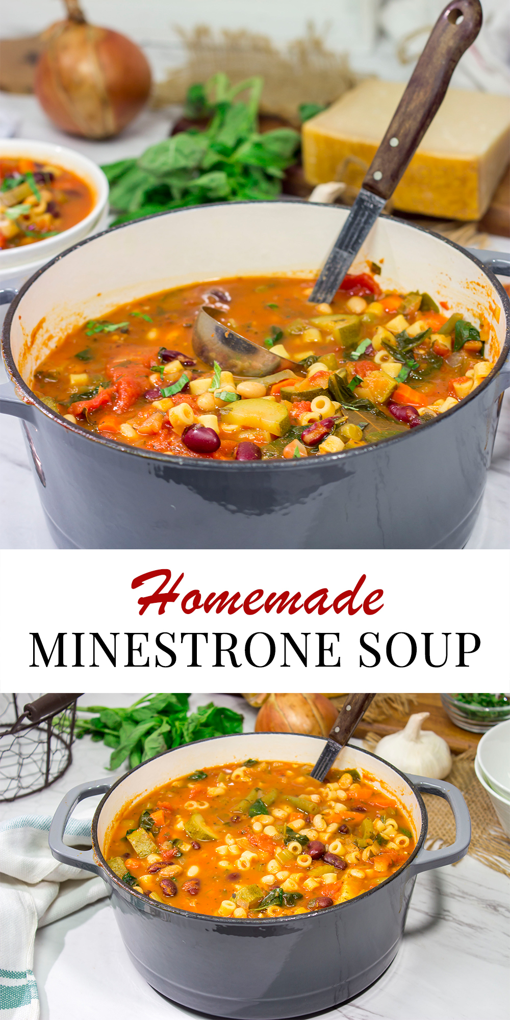 Minestrone Soup is an example of rustic Italian comfort food at its best! Serve this vegetable soup with Italian bread for an easy winter meal!