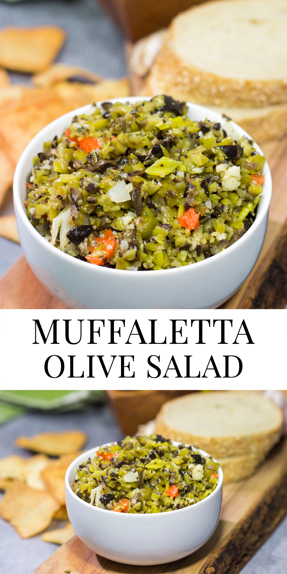 Often used in the classic New Orleans sandwich, a good Muffaletta Olive Salad is delicious in its own right. Spread it on top of grilled chicken or serve with pita chips as a dip!