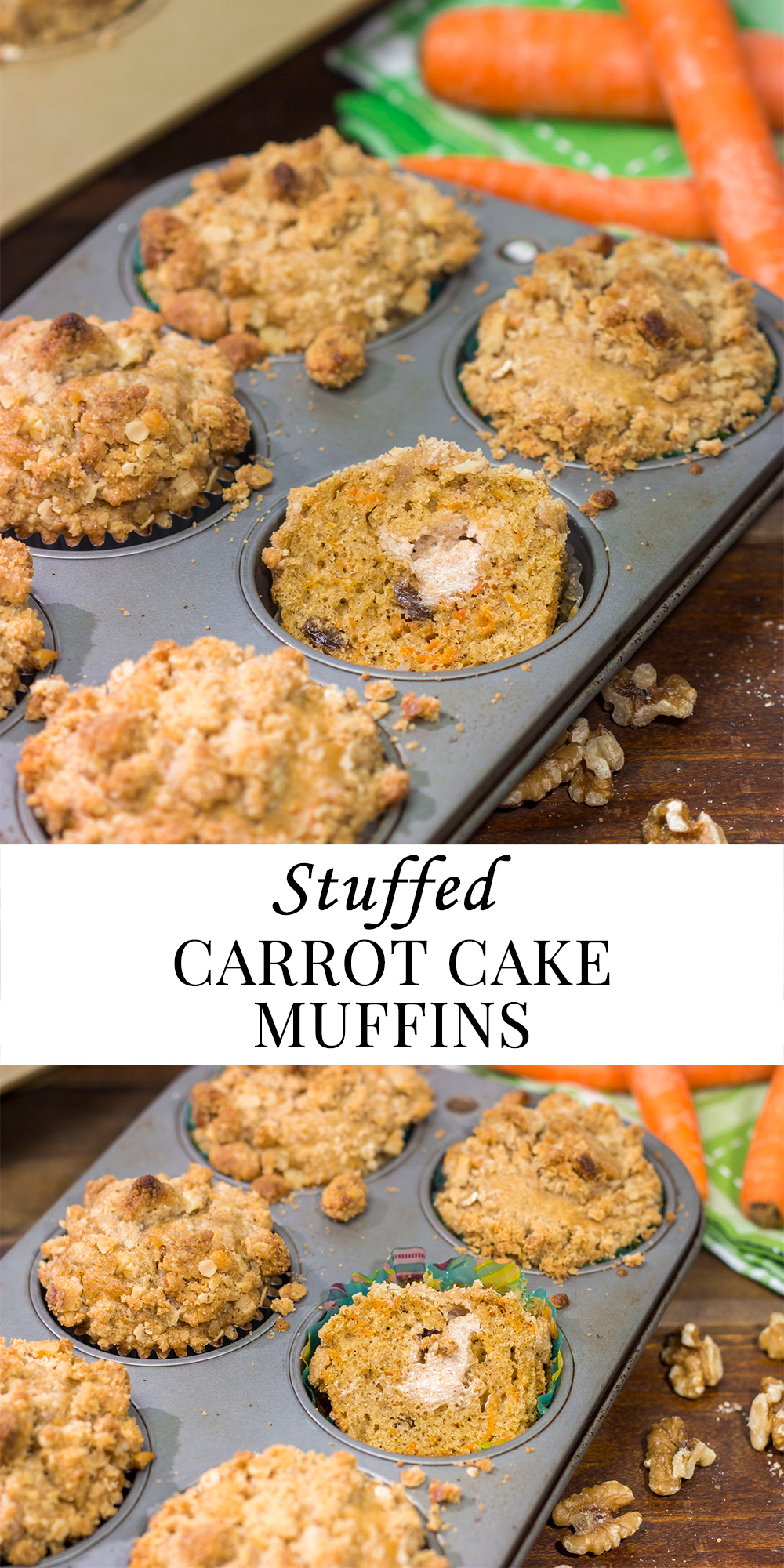 These Stuffed Carrot Cake Muffins feature tasty carrot cake muffins topped with brown sugar + walnut streusel...and stuffed with a dollop of cream cheese frosting!
