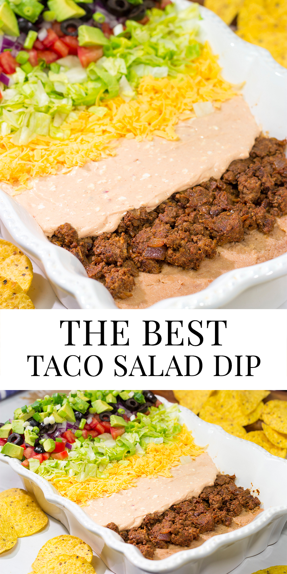 Featuring 10 layers of deliciousness, this Taco Salad Dip is a classic appetizer that is always a crowd pleaser!