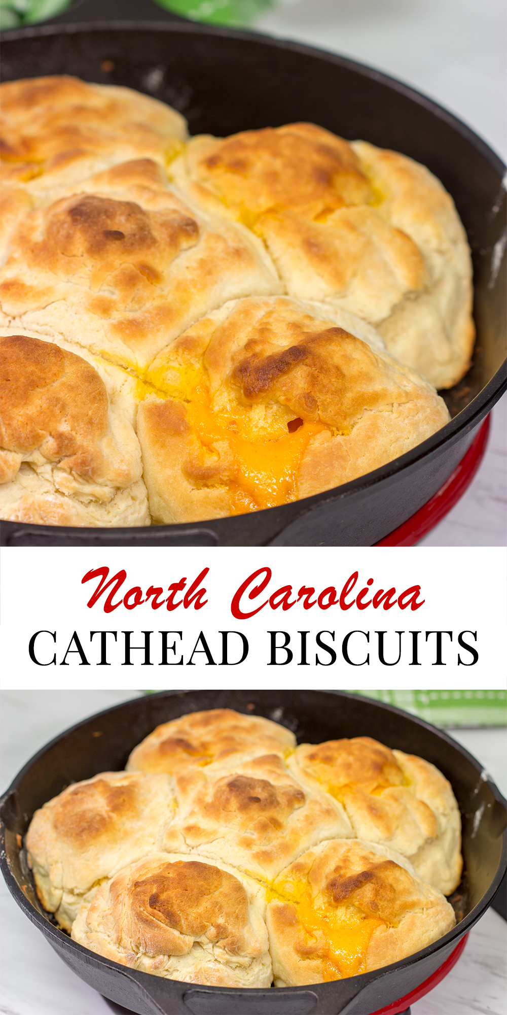 These North Carolina Cathead Biscuits are golden brown and buttery on the outside and soft and fluffy on the inside. Oh, and they're stuffed with cheese!