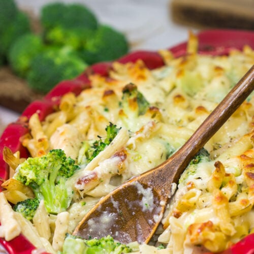 Filled with juicy chicken, broccoli and a cheesy alfredo sauce, this Cheesy Chicken and Broccoli Pasta Bake is a great comfort food meal!