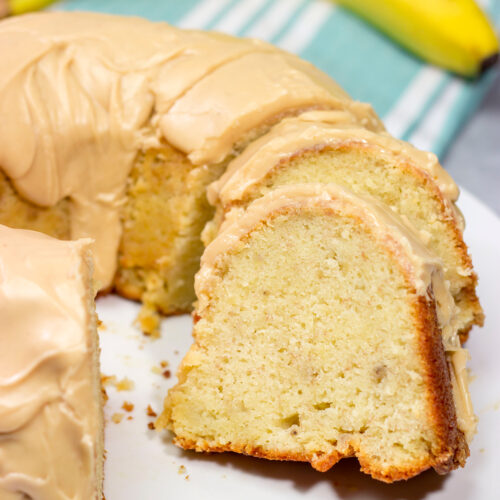 This Banana Pound Cake with Peanut Butter Frosting features a divine banana bread pound cake topped with a delicious peanut butter frosting. I think Elvis would've approved!