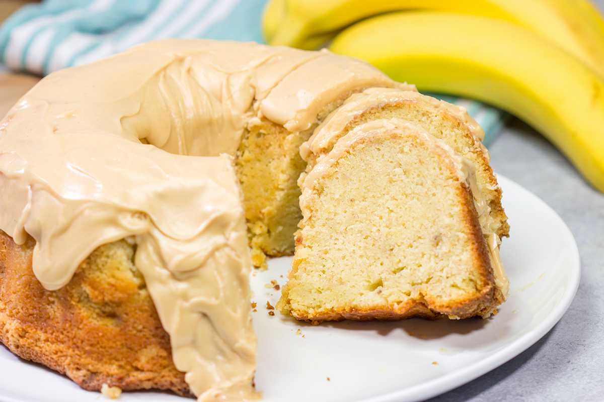 This Banana Pound Cake with Peanut Butter Frosting features a divine banana bread pound cake topped with a delicious peanut butter frosting. I think Elvis would've approved!