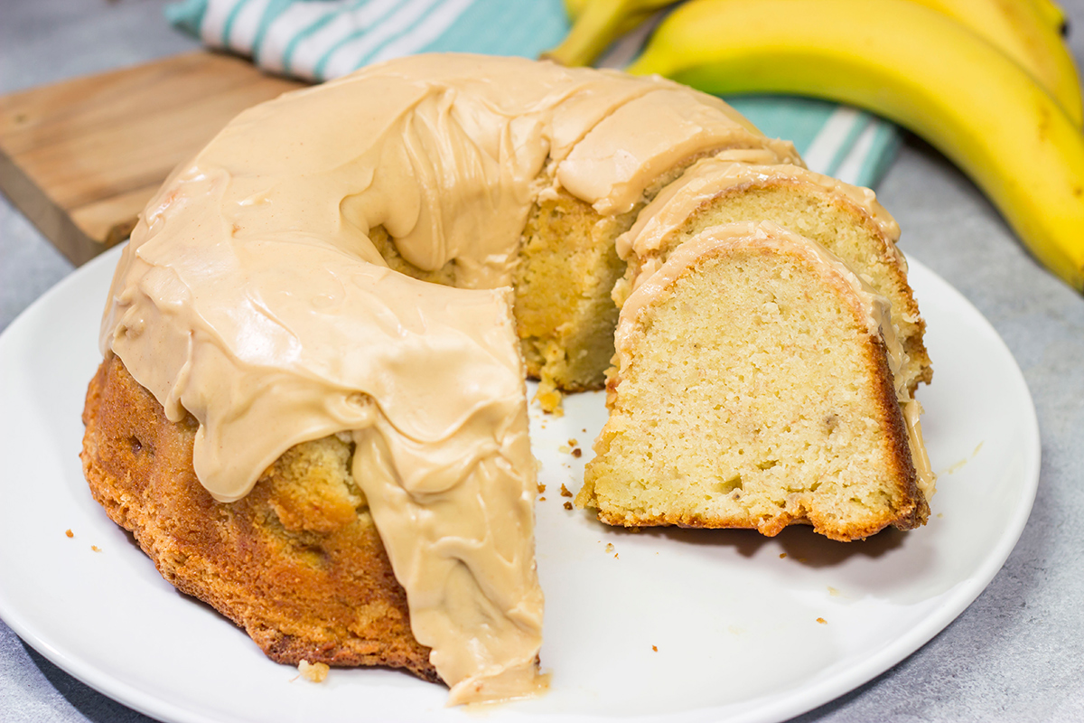 This Banana Pound Cake with Peanut Butter Frosting features a divine banana bread pound cake topped with a delicious peanut butter frosting. I think Elvis would've approved!