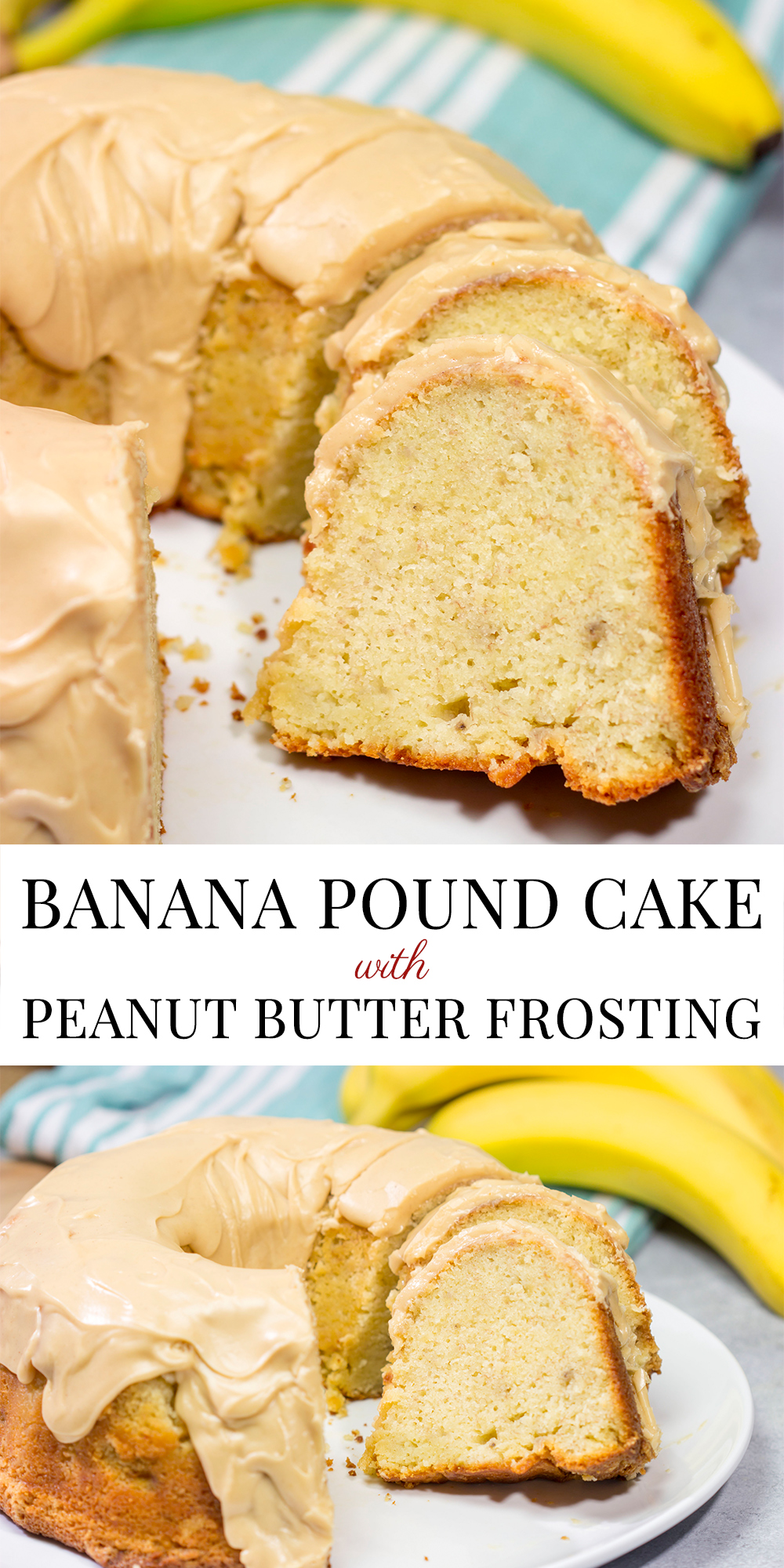 This Banana Pound Cake with Peanut Butter Frosting features a divine banana bread pound cake topped with a delicious peanut butter frosting. I think Elvis would've approved!