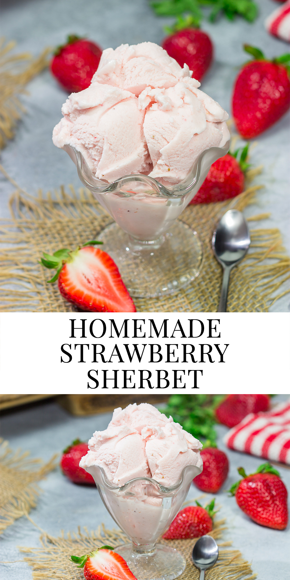 Made with fresh strawberries, a bowl of this Homemade Strawberry Sherbet is delightful on a warm summer day!