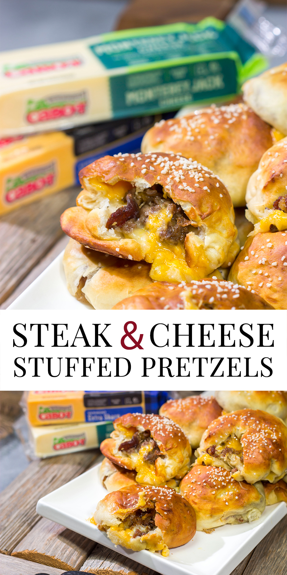 These Steak and Cheese Stuffed Pretzels feature warm, buttery soft pretzels stuffed with shaved steak and two types of cheese! Make a batch today!