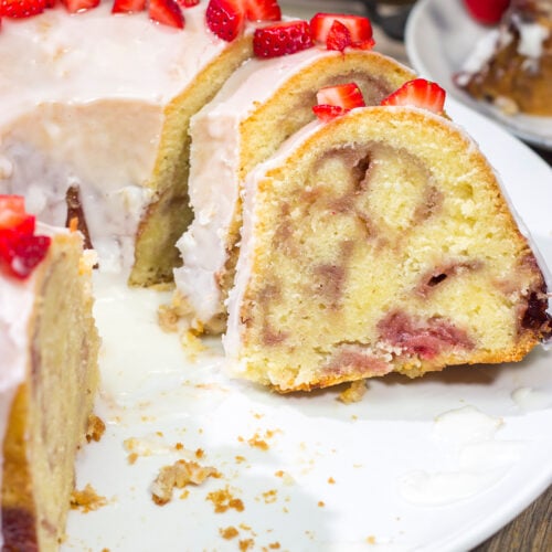 Featuring a sauce made from fresh strawberries swirled into the cake, this Strawberry Swirl Pound Cake makes for a delicious summer dessert!