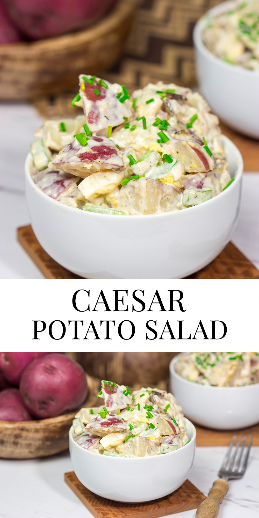 Put a twist on a classic summer side dish! This Caesar Potato Salad uses a bit of creamy Caesar salad dressing for added flavor - it's delicious!