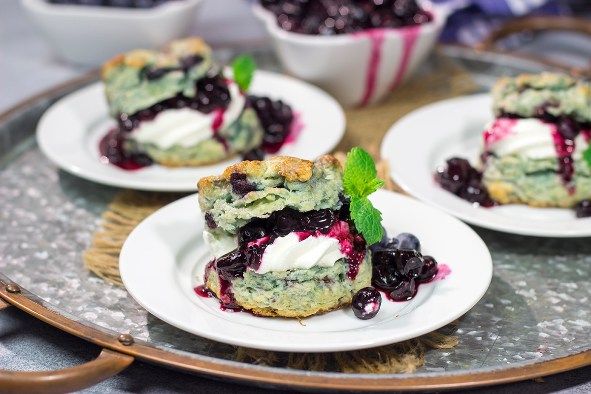 These Blueberry Shortcakes feature buttery biscuits filled with whipped cream and blueberry sauce. This recipe is great for summer brunch or dessert!