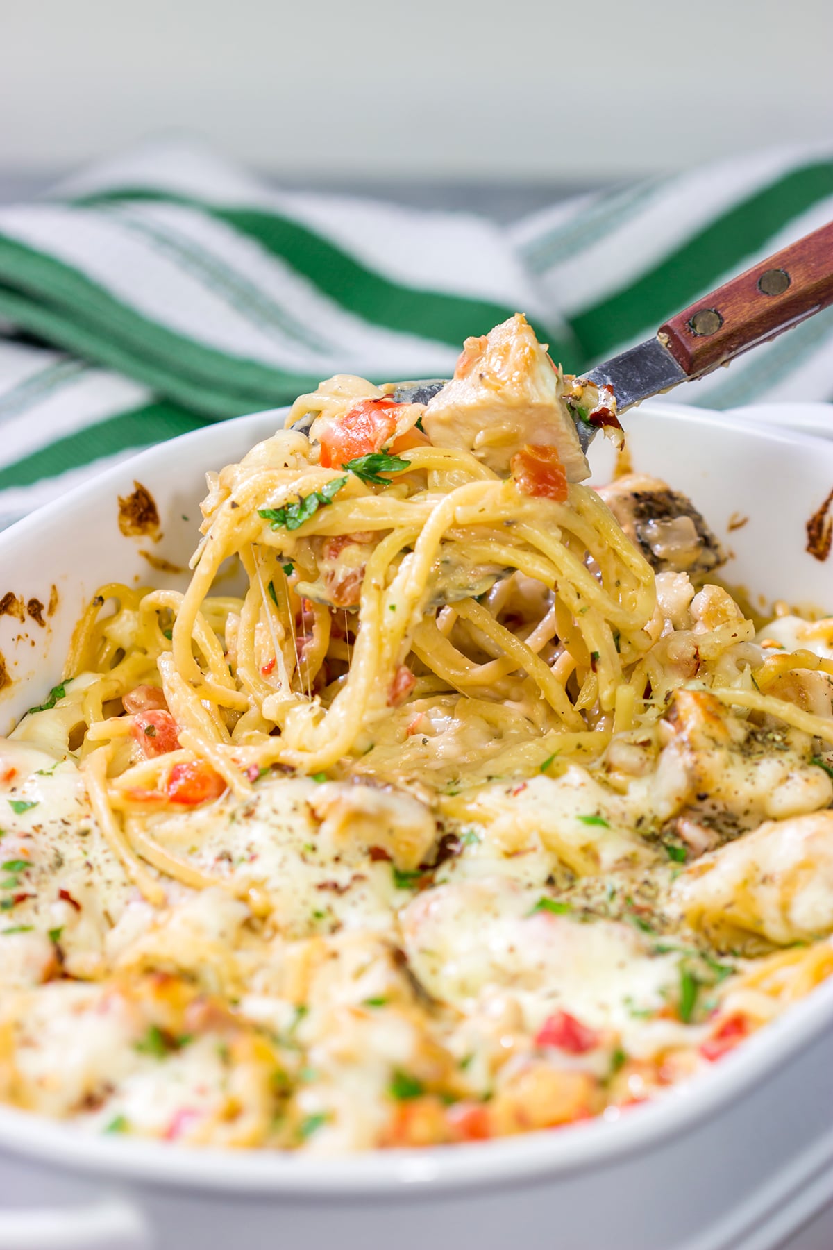 This Chicken Spaghetti features bite-sized pieces of tender chicken tossed in a creamy, cheesy sauce. This recipe is comfort food at its best!
