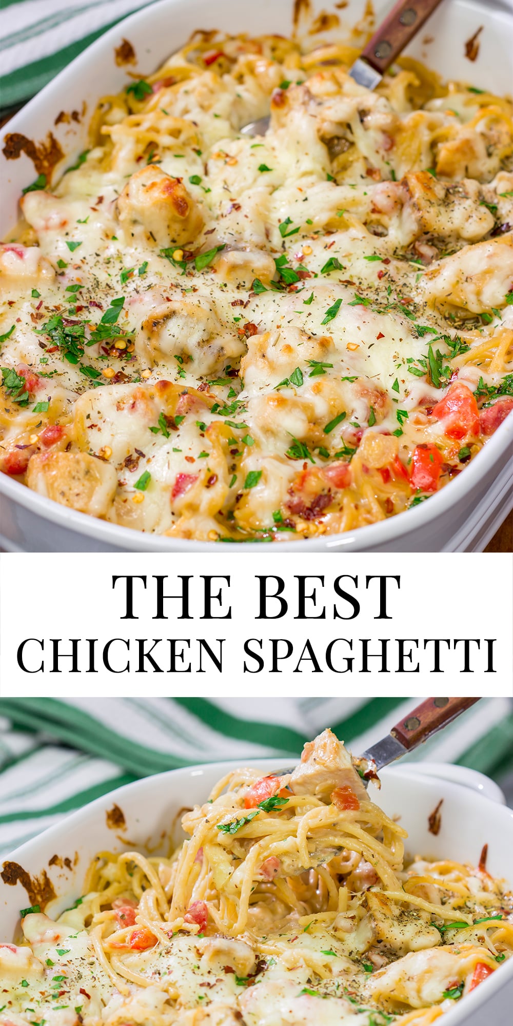 This Chicken Spaghetti features bite-sized pieces of tender chicken tossed in a creamy, cheesy sauce. This recipe is comfort food at its best!