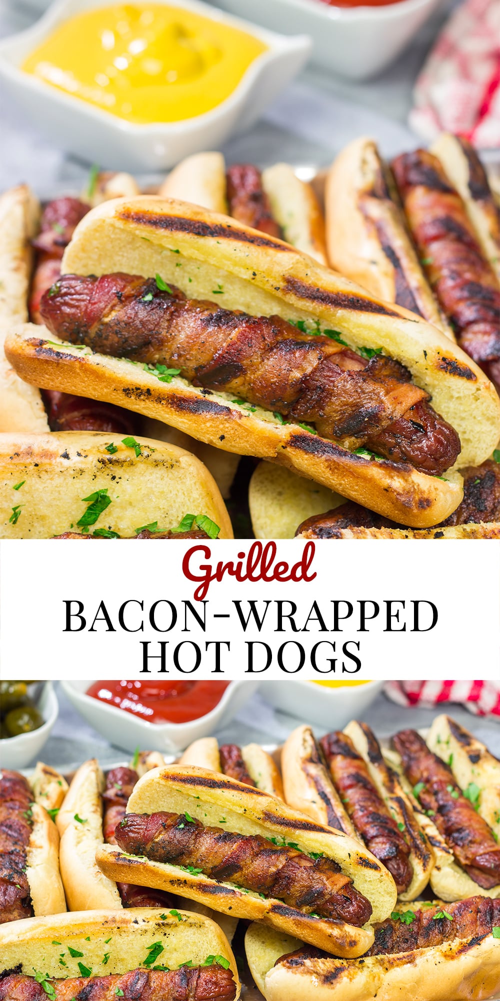 Holy hot dogs, Batman! No need for the oven here. These Grilled Bacon Wrapped Hot Dogs are cooked on the grill and served on a garlic bread buns. Yum!