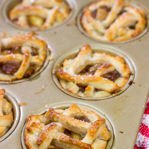 These Mini Apple Pies are baked in a muffin tin for an easy and fun twist on a classic apple pie. Grab some apples at a local orchard and whip up a batch of these pies for dessert!