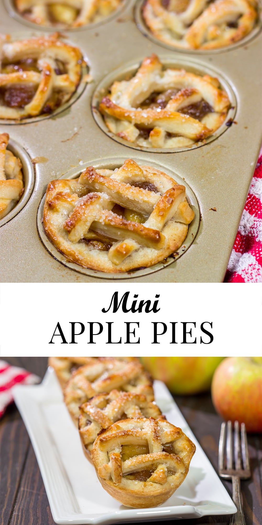 These Mini Apple Pies are baked in a muffin tin for an easy and fun twist on a classic apple pie. Grab some apples at a local orchard and whip up a batch of these pies for dessert!