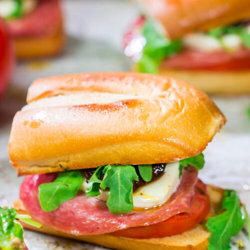 Layered with all sorts of delicious Italian ingredients, these Salami Pesto Sandwiches are packed with flavor!