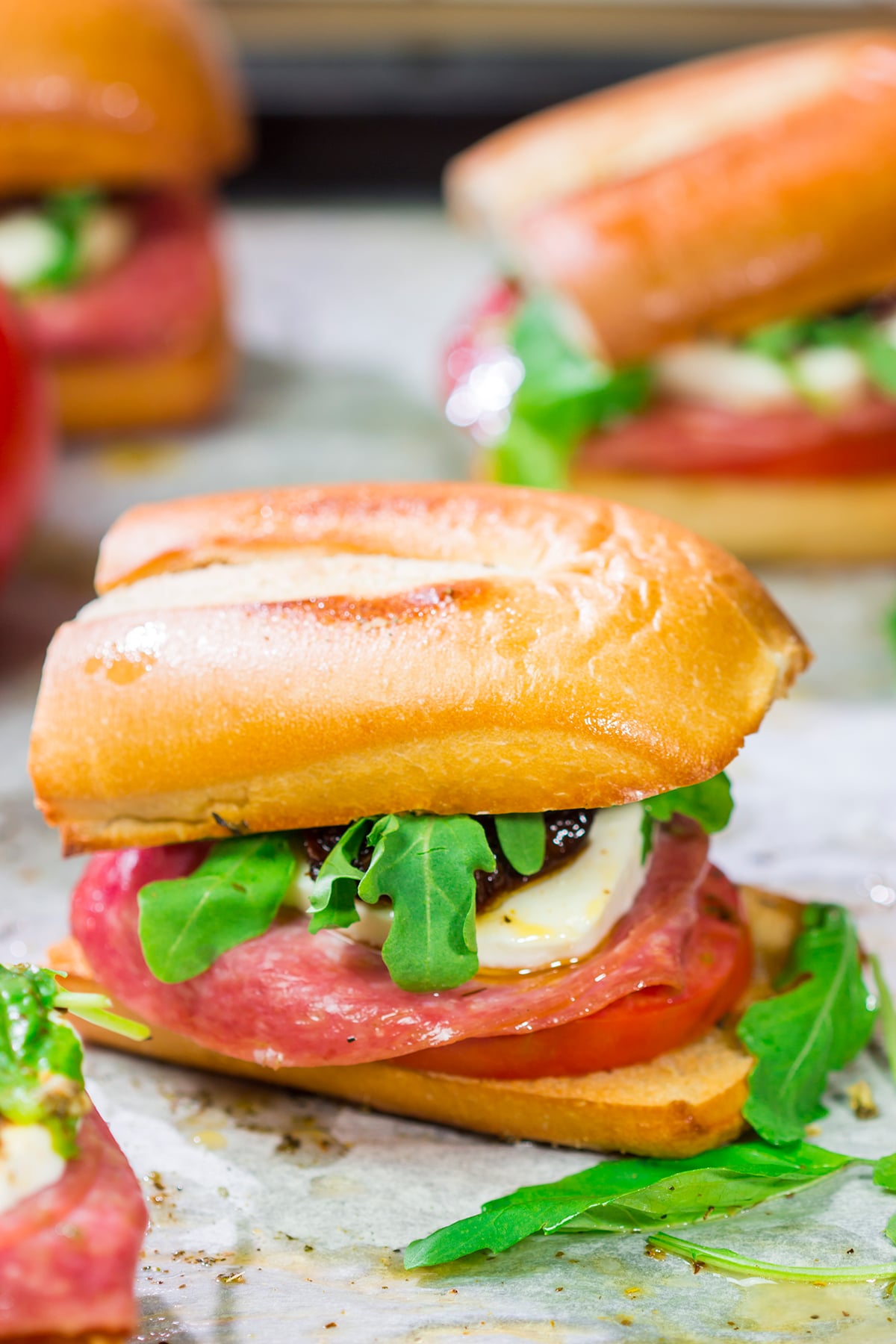 Layered with all sorts of delicious Italian ingredients, these Salami Pesto Sandwiches are packed with flavor!