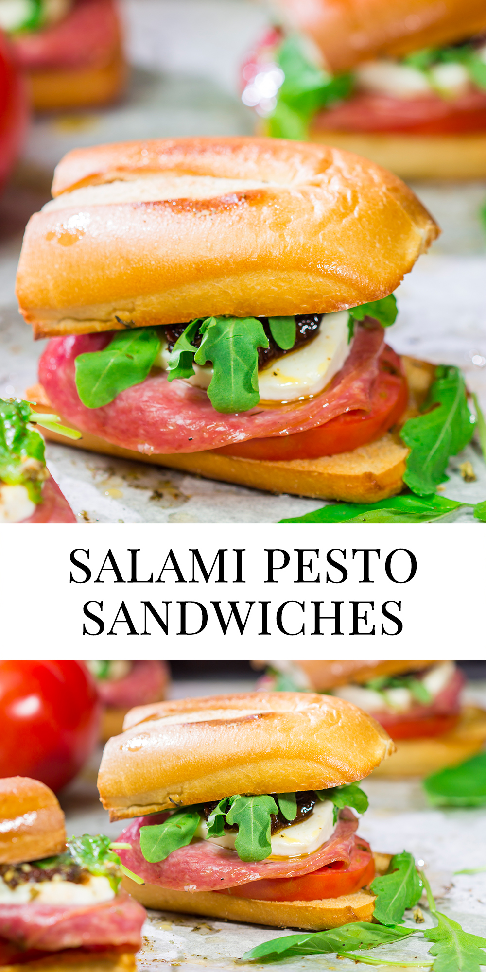 Layered with all sorts of delicious Italian ingredients, these Salami Pesto Sandwiches are packed with flavor!
