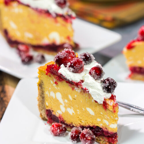 This Cranberry Pumpkin Cheesecake features a creamy pumpkin cheesecake over a layer of cranberry sauce. It's a delicious dessert that's perfect for fall!