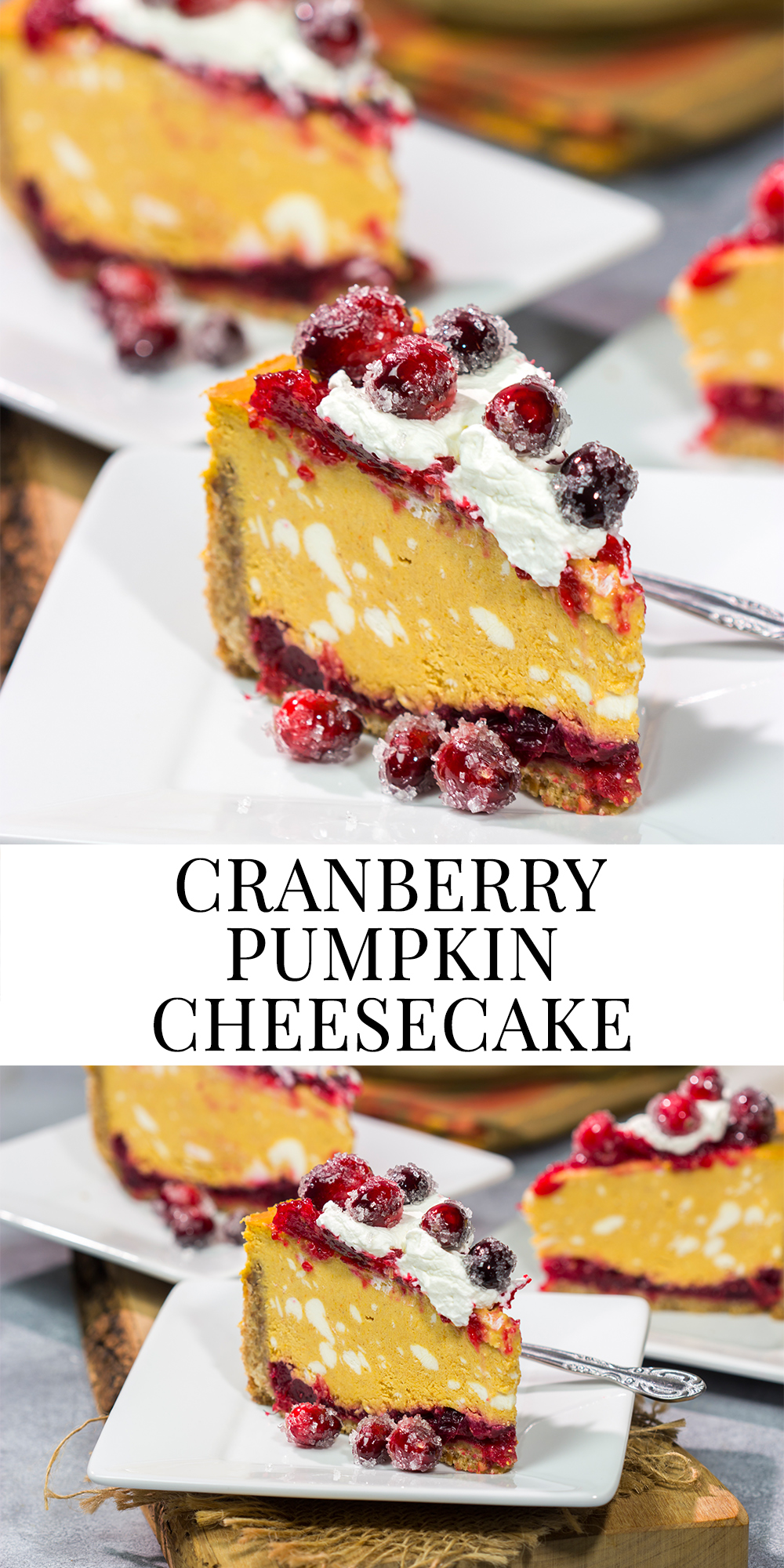 This Cranberry Pumpkin Cheesecake features a creamy pumpkin cheesecake over a layer of cranberry sauce. It's a delicious dessert that's perfect for fall!