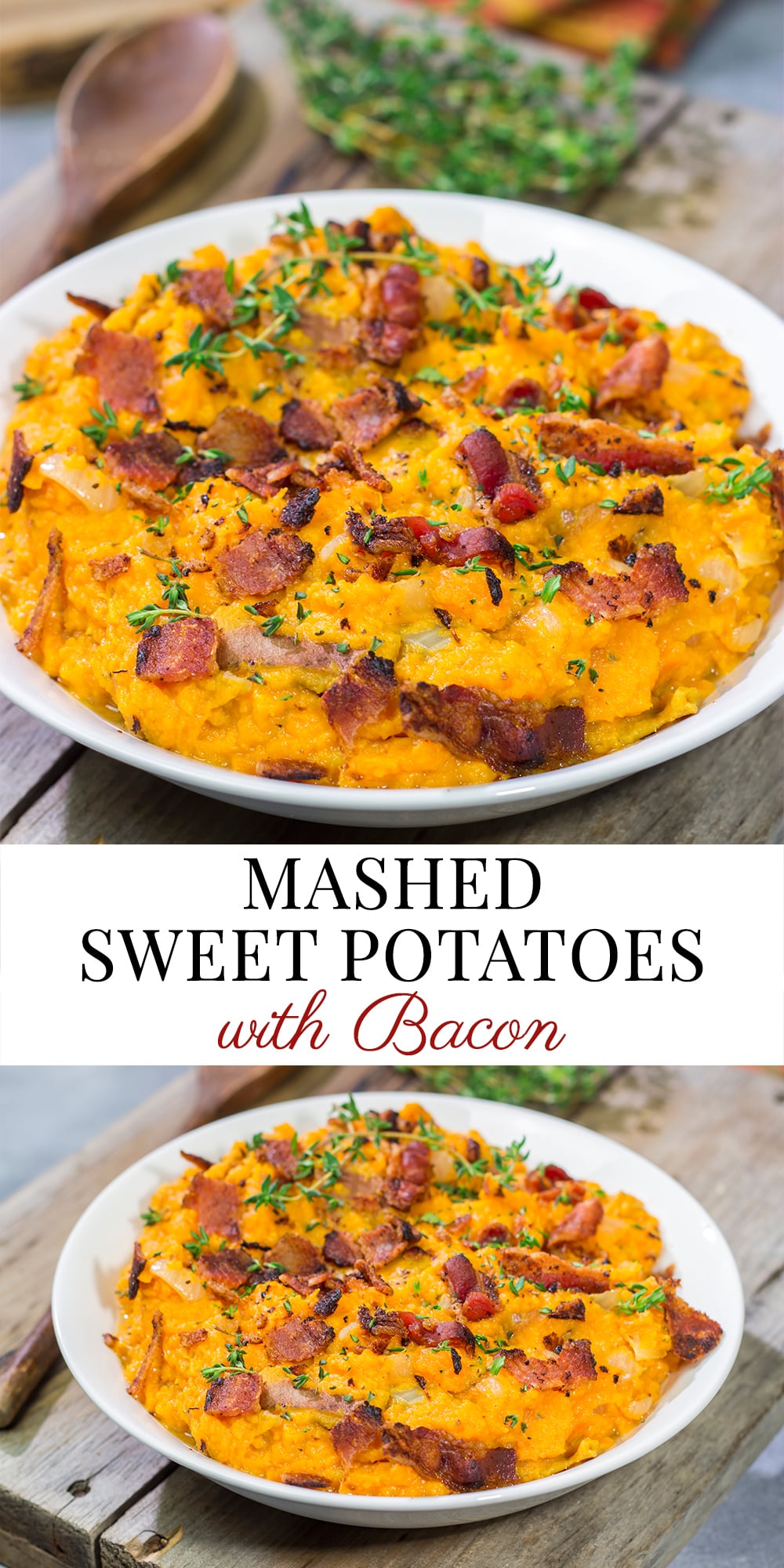 Featuring a sweet and salty combination of flavors, these Mashed Sweet Potatoes with Bacon are an excellent side dish!