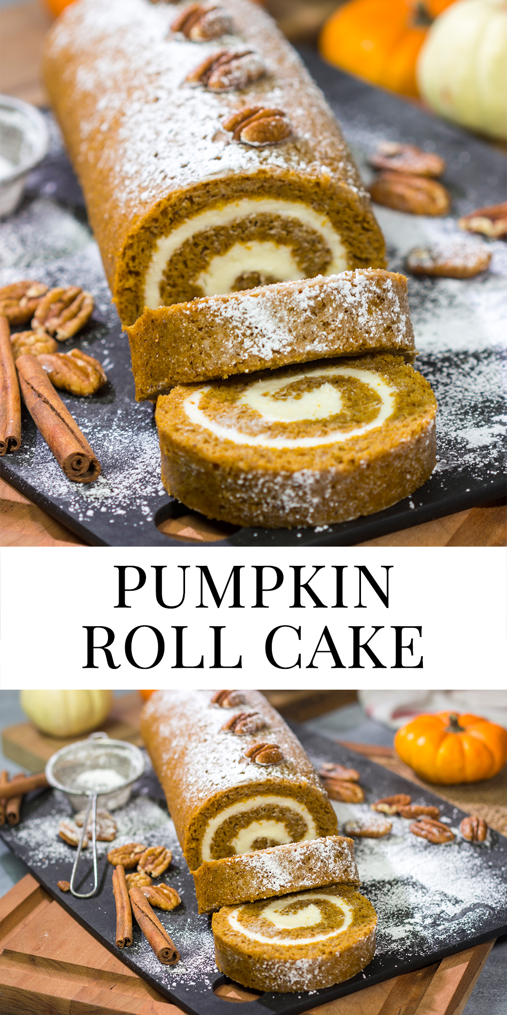 This Pumpkin Roll Cake features a spiced pumpkin bread filled with a delicious cream cheese frosting. It's a great dessert for celebrating chilly fall days!
