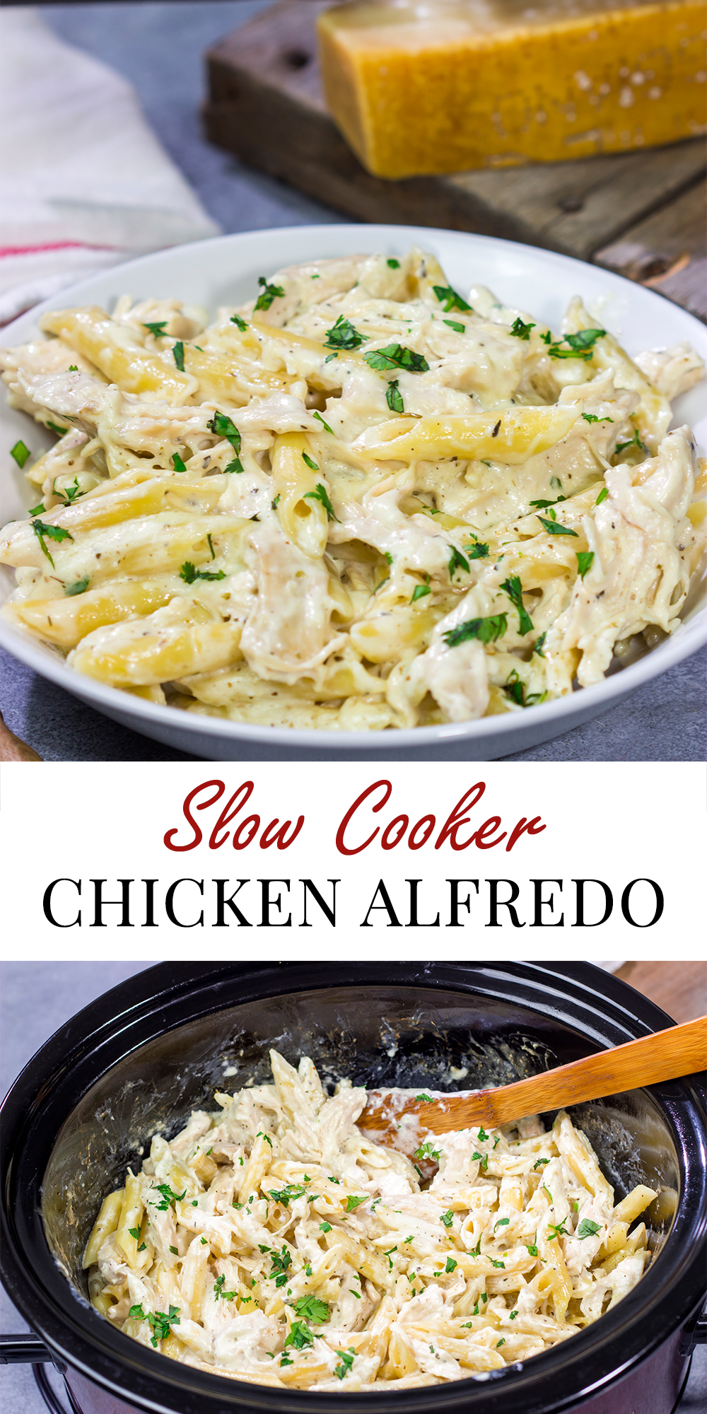 This Slow Cooker Chicken Alfredo recipe only requires about 10 minutes of prep time. It's the perfect comfort food to warm you up on a cold day!