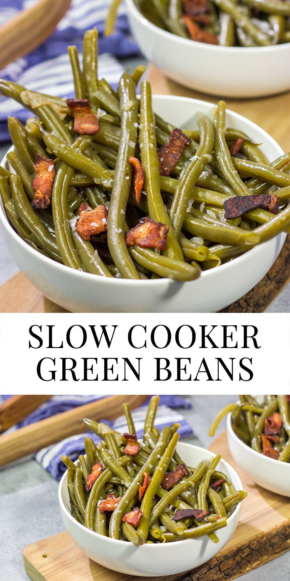 These Slow Cooker Green Beans are an easy and tasty way side dish. They're perfect for Thanksgiving or Christmas...or just a cold winter day!