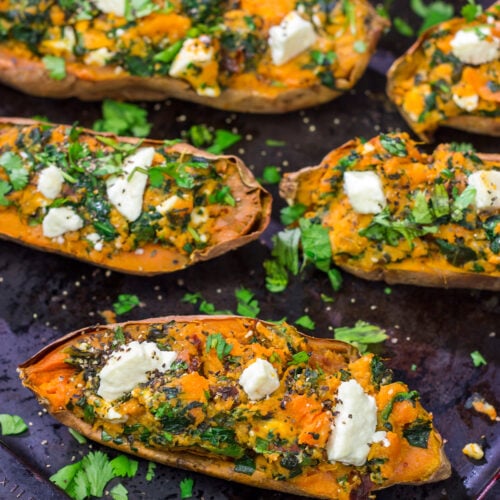 These Spinach and Feta Stuffed Sweet Potatoes are flavorful and easy. They're a great side dish when you want to mix things up a bit!