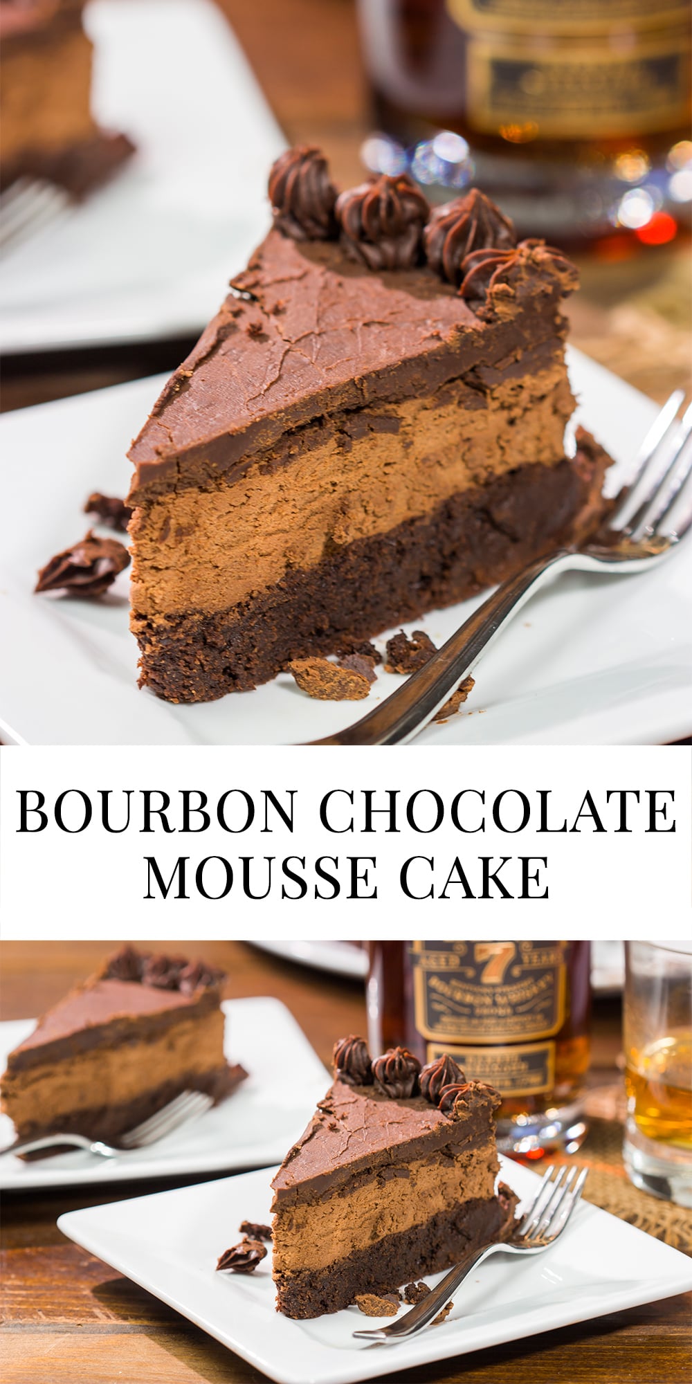This 3-layer Bourbon Chocolate Mousse Cake is sure to satisfy any chocoholic in your life! Grab a slice for dessert tonight!