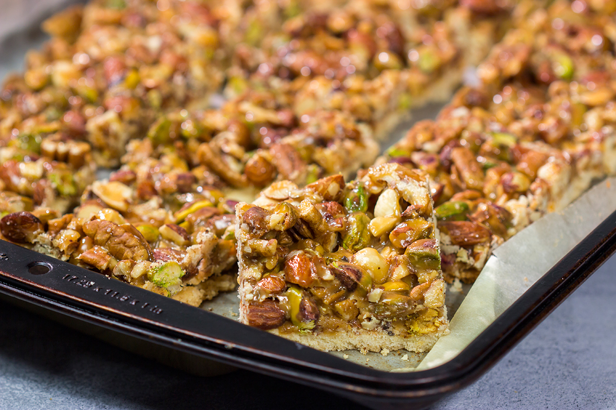 These Caramel Nut Bars feature a mixture of mixed nuts and caramel on top of a buttery shortbread crust. Good luck eating just one!