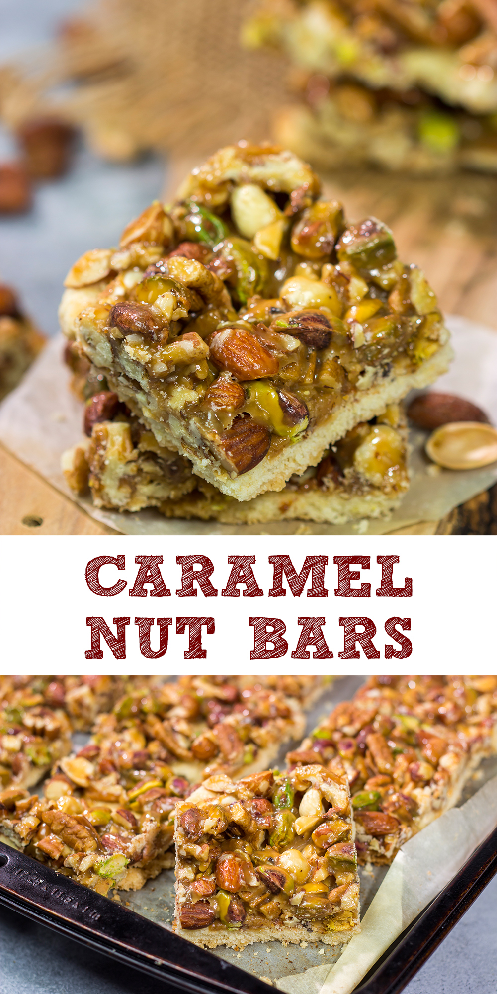 These Caramel Nut Bars feature a mixture of mixed nuts and caramel on top of a buttery shortbread crust. Good luck eating just one!