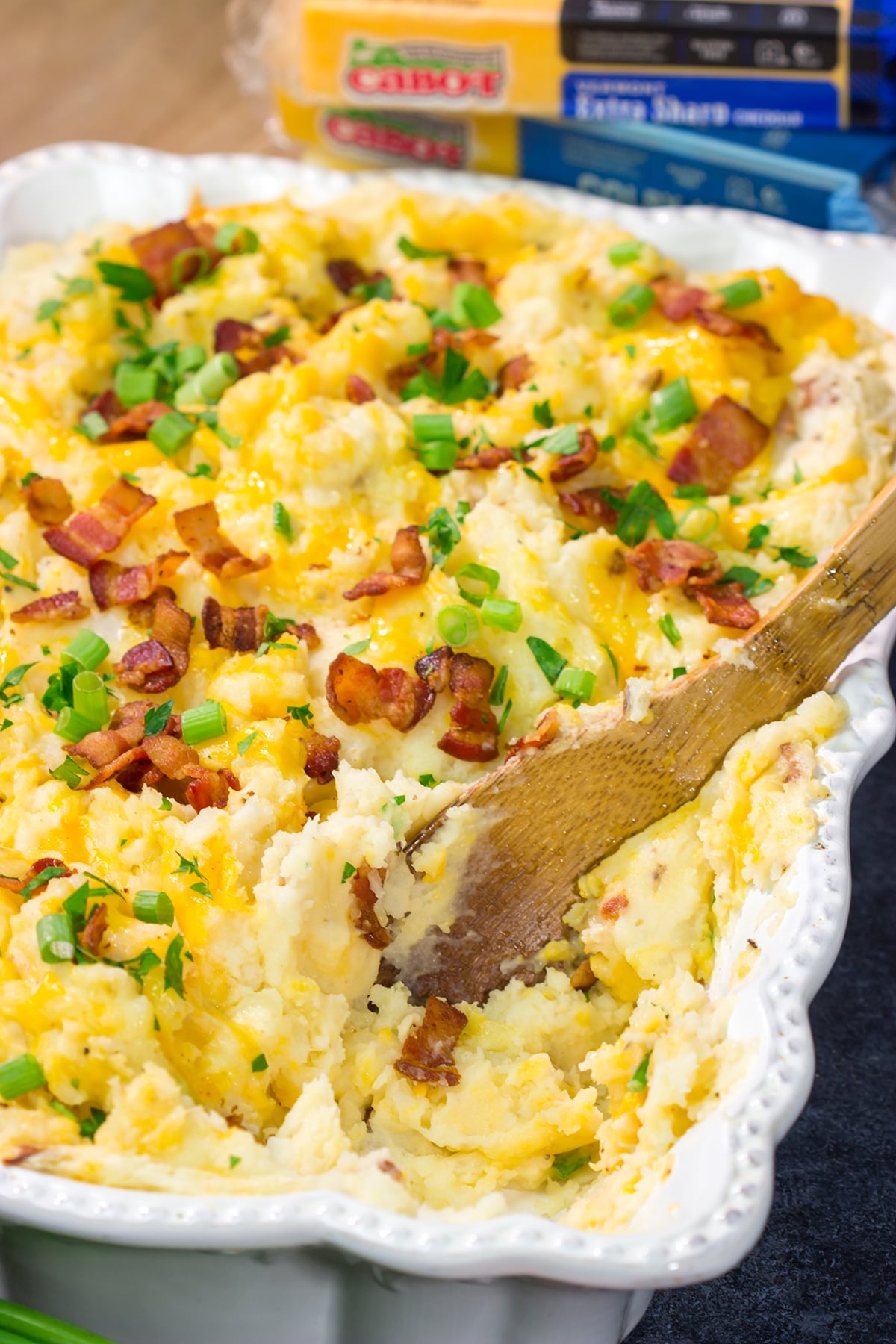 Packed with all of the classic baked potato toppings, this Loaded Mashed Potato Casserole makes for a delicious side dish!