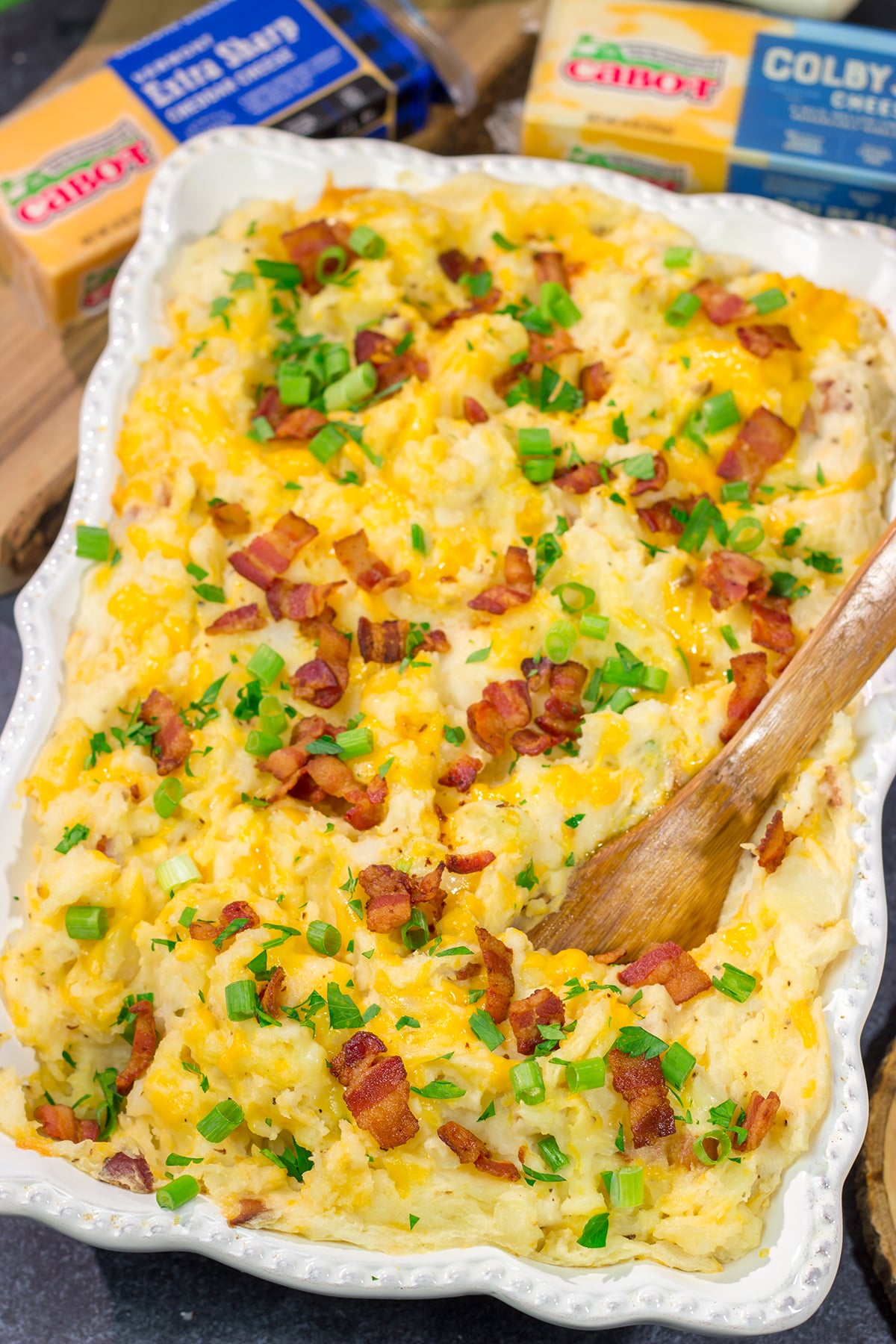 Packed with all of the classic baked potato toppings, this Loaded Mashed Potato Casserole makes for a delicious side dish!