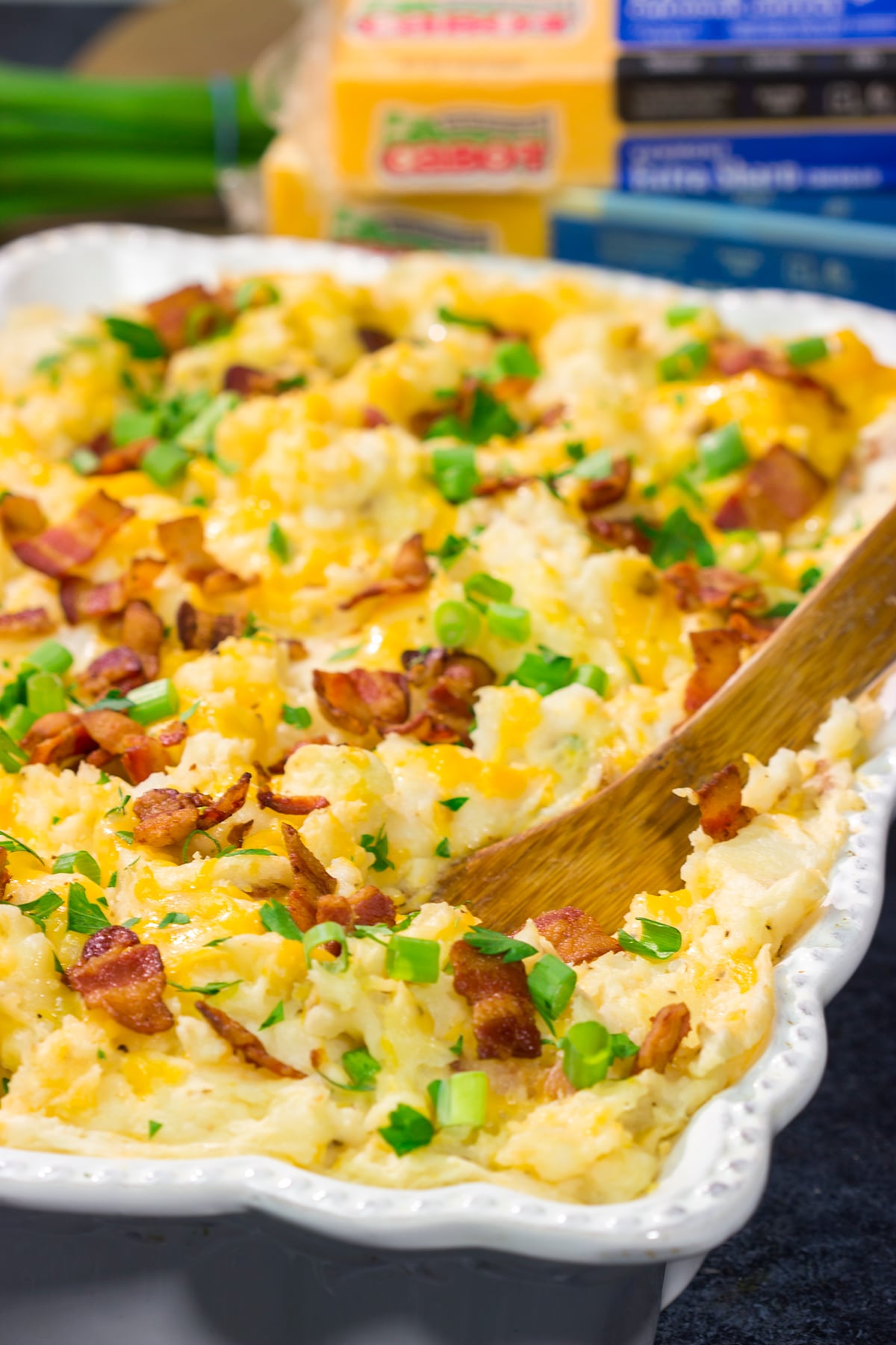 Packed with all of the classic baked potato toppings, this Loaded Mashed Potato Casserole makes for a delicious side dish!