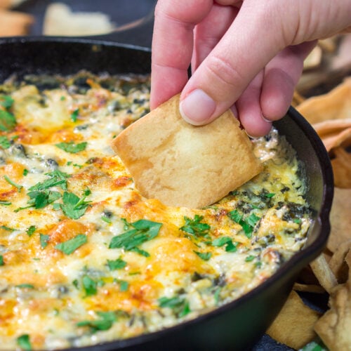 Served in a cast iron skillet, this Baked Spinach Dip is always a crowd-pleaser in our house. It's the perfect appetizer for gamedays!