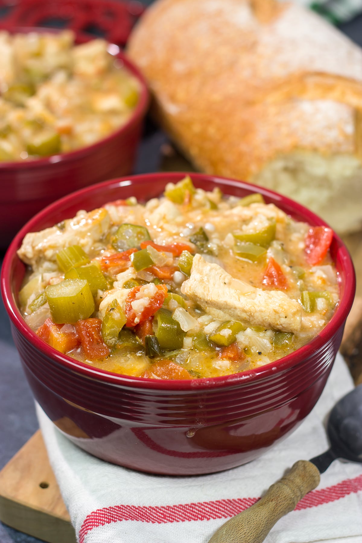 This Chicken Creole Soup features chicken simmered with tomatoes and vegetables. It's a delicious and easy recipe for a winter night!