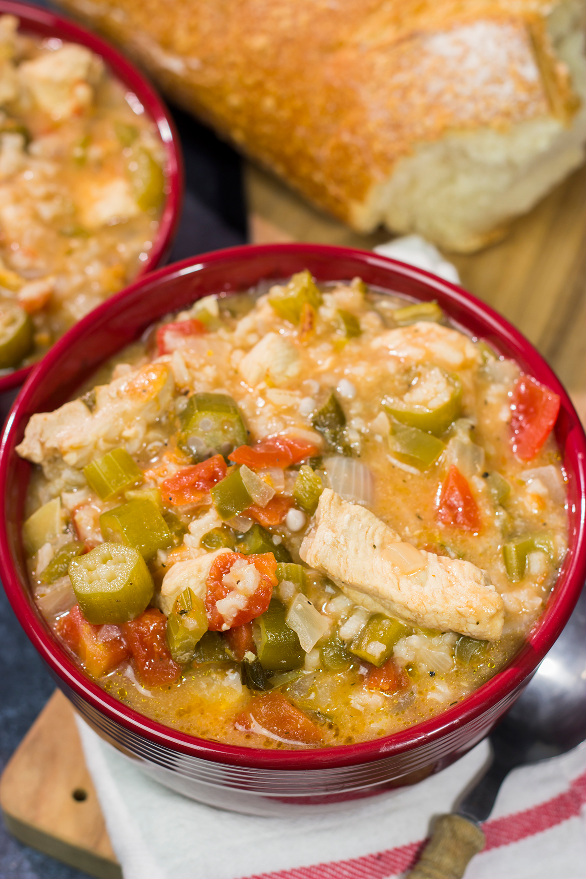 This Chicken Creole Soup features chicken simmered with tomatoes and vegetables. It's a delicious and easy recipe for a winter night!