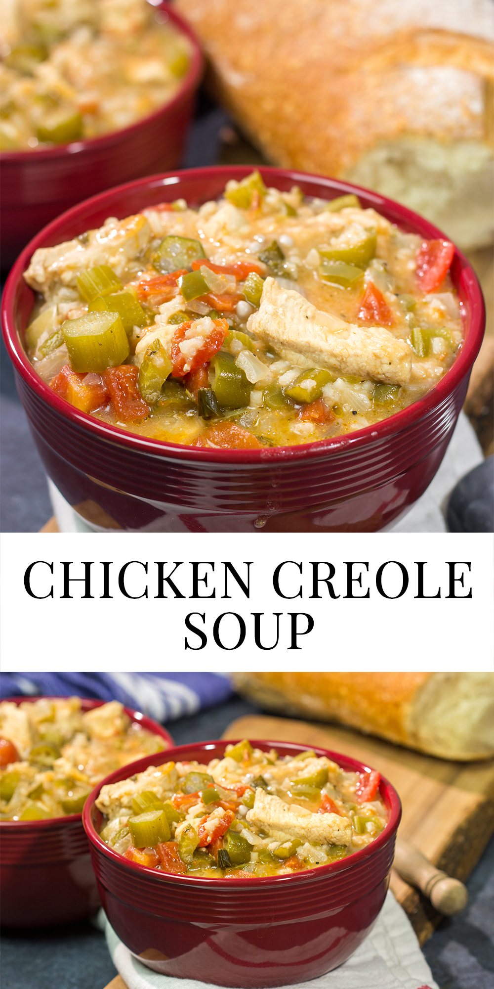 This Chicken Creole Soup features chicken simmered with tomatoes and vegetables. It's a delicious and easy recipe for a winter night!