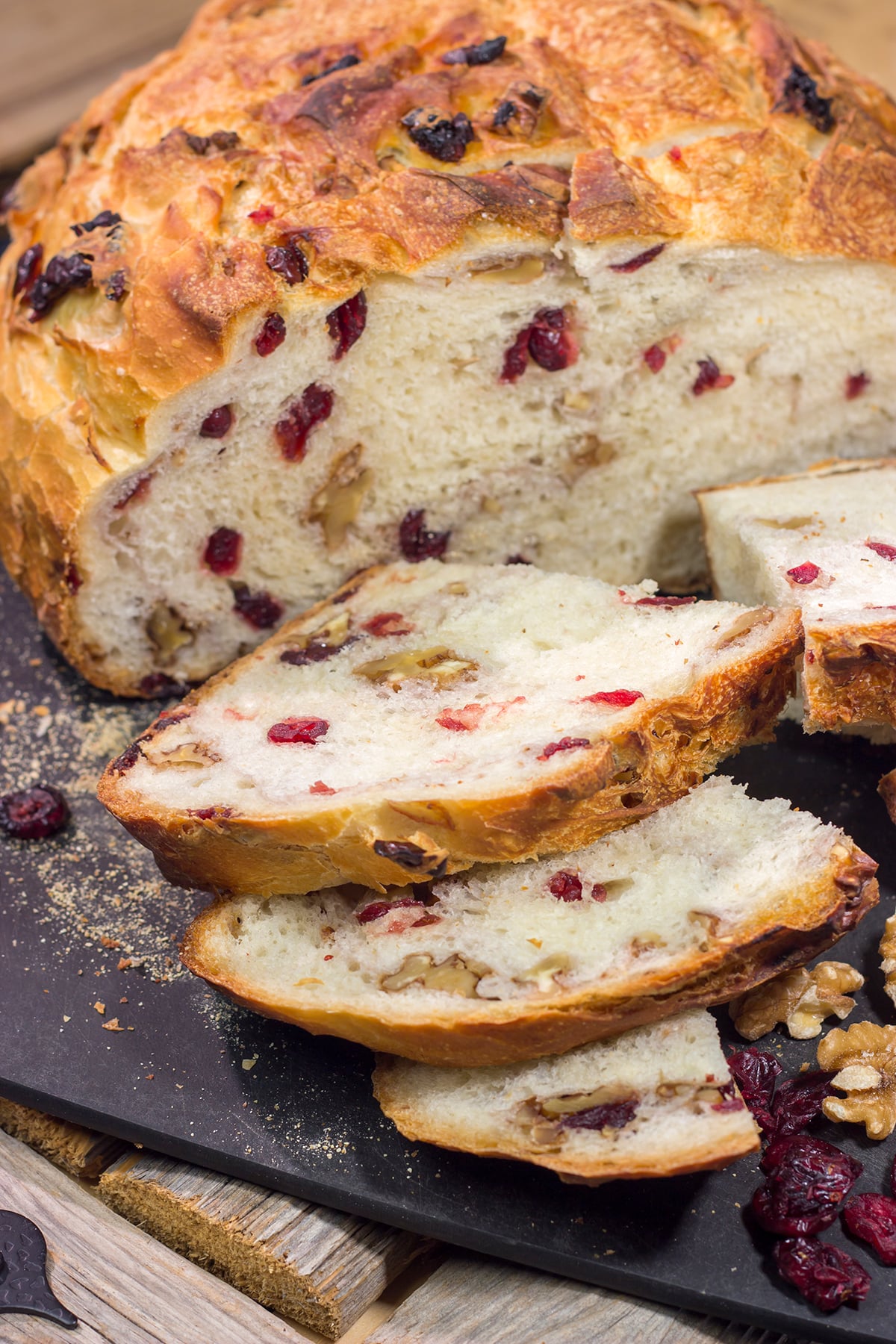 This no-knead Cranberry Walnut Bread is studded with dried cranberry and chopped walnuts. The result is a delicious loaf of rustic homemade bread!