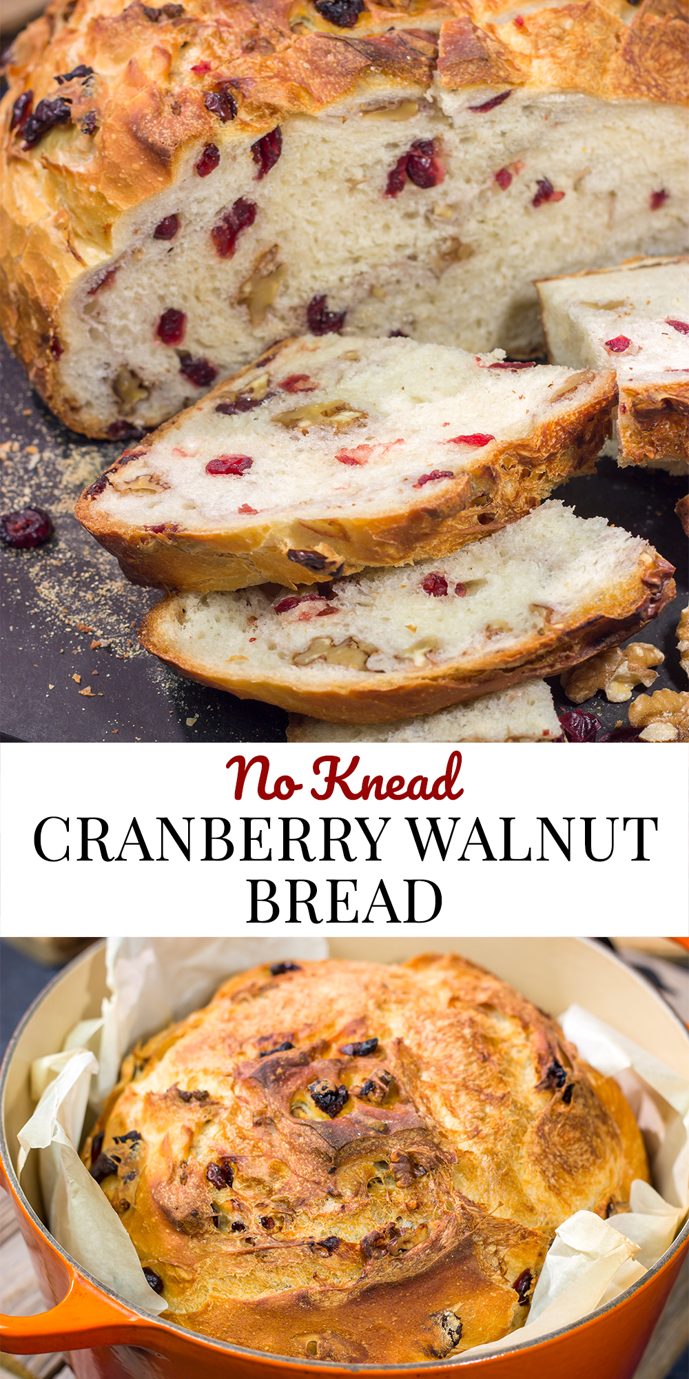 This no-knead Cranberry Walnut Bread is studded with dried cranberry and chopped walnuts. The result is a delicious loaf of rustic homemade bread!