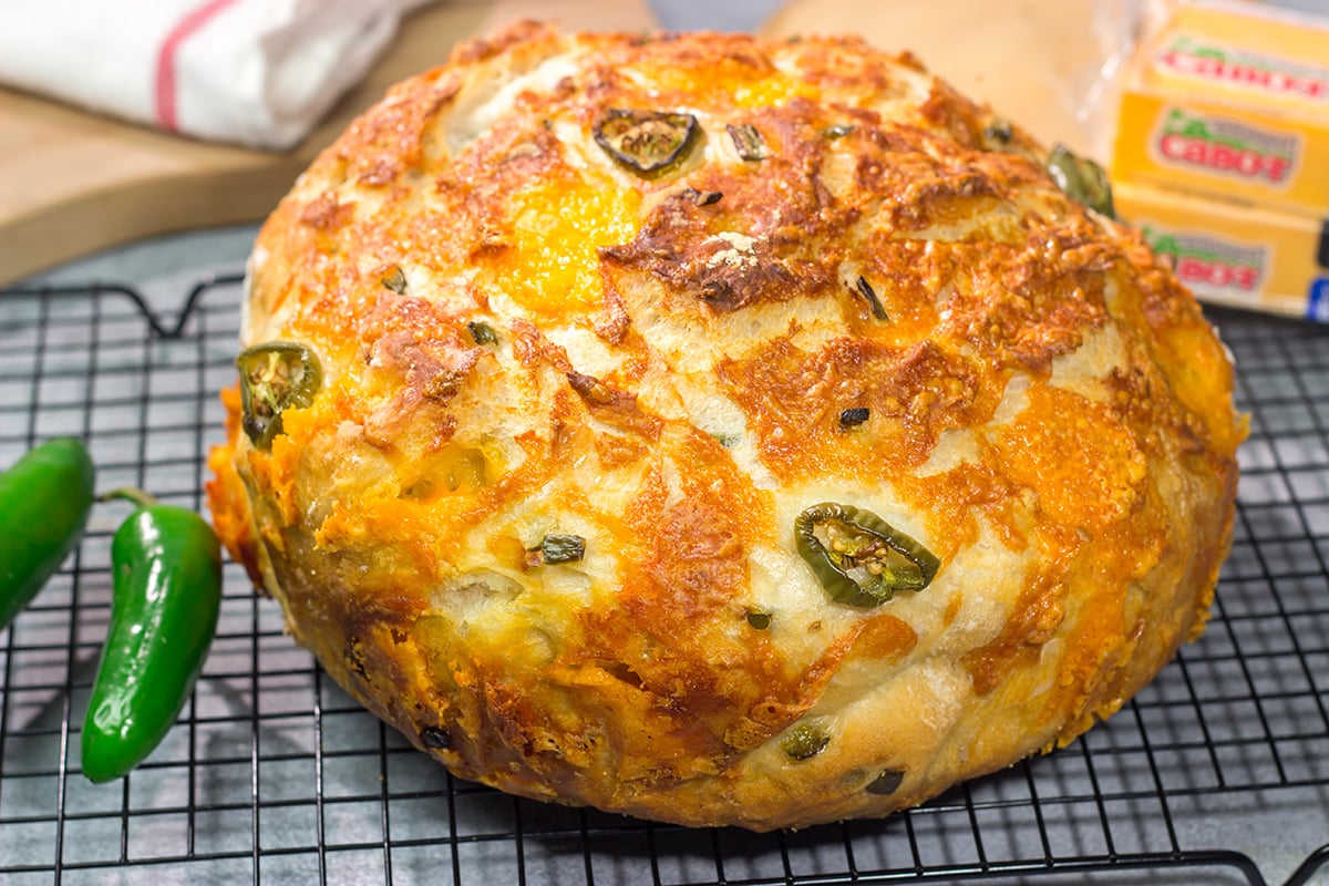 This Jalapeno Cheddar Bread features chunks of cheddar cheese and diced jalapenos mixed into a classic rustic bread. This bread makes fantastic grilled cheese sandwiches!!