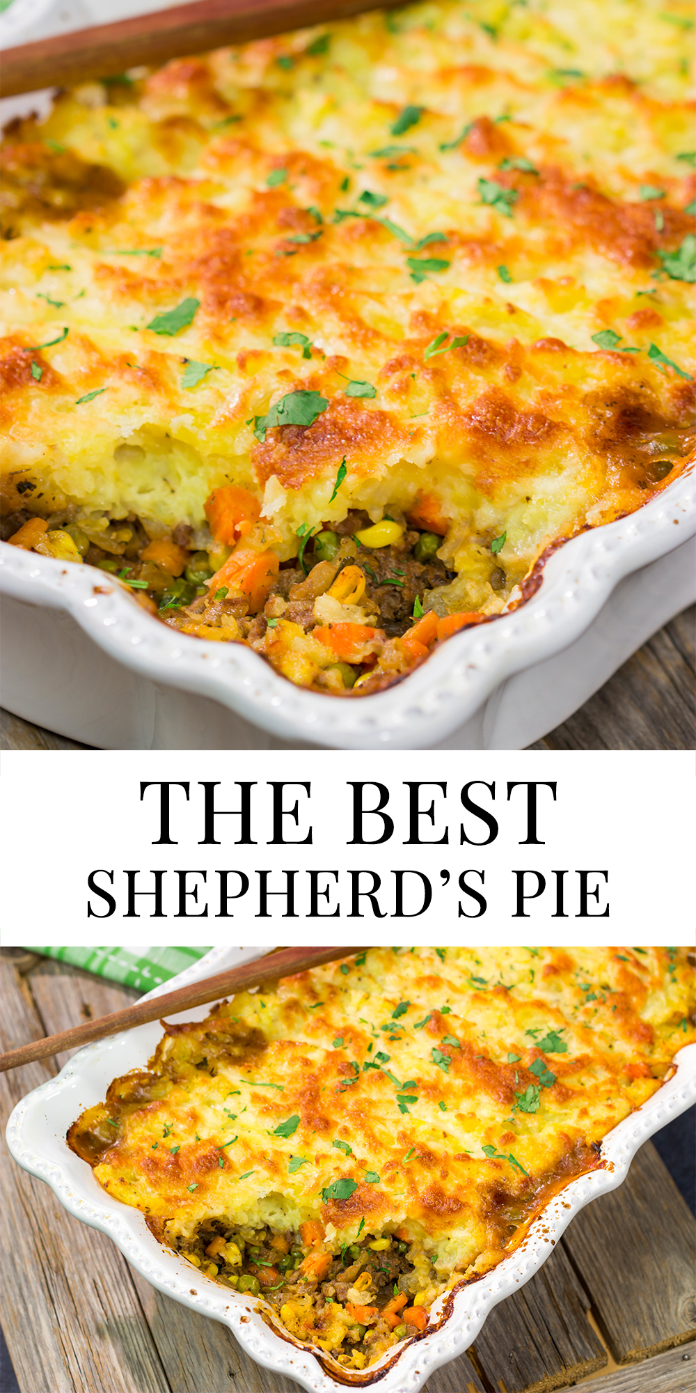 Featuring a ground beef or lamb and vegetable filling topped with cheesy mashed potatoes, this Shepherd's Pie is a classic comfort food meal!