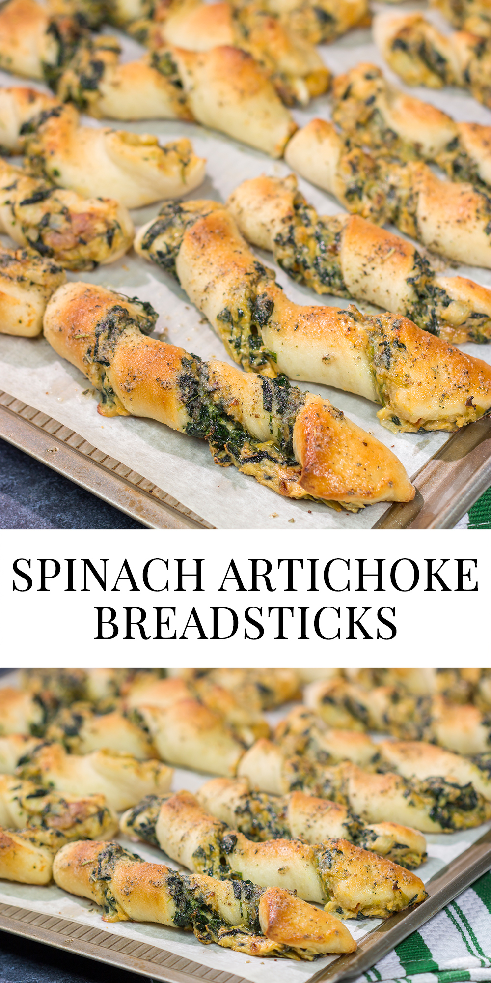 Looking for a tasty gameday appetizer? These Spinach Artichoke Breadsticks are a combination of garlic knots + spinach artichoke dip. They're delicious!