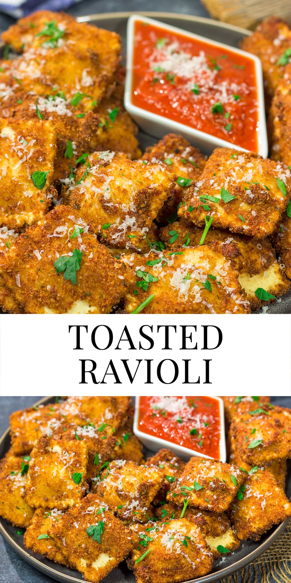 Originating in St. Louis, Toasted Ravioli are fried ravioli served with warm marinara sauce for dipping. These are a fantastic gameday appetizer!